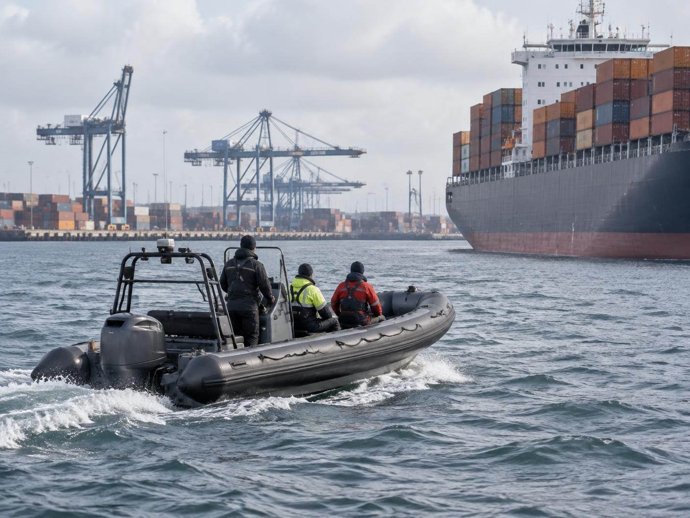 Illustrative civilian workboat near a commercial ship and port