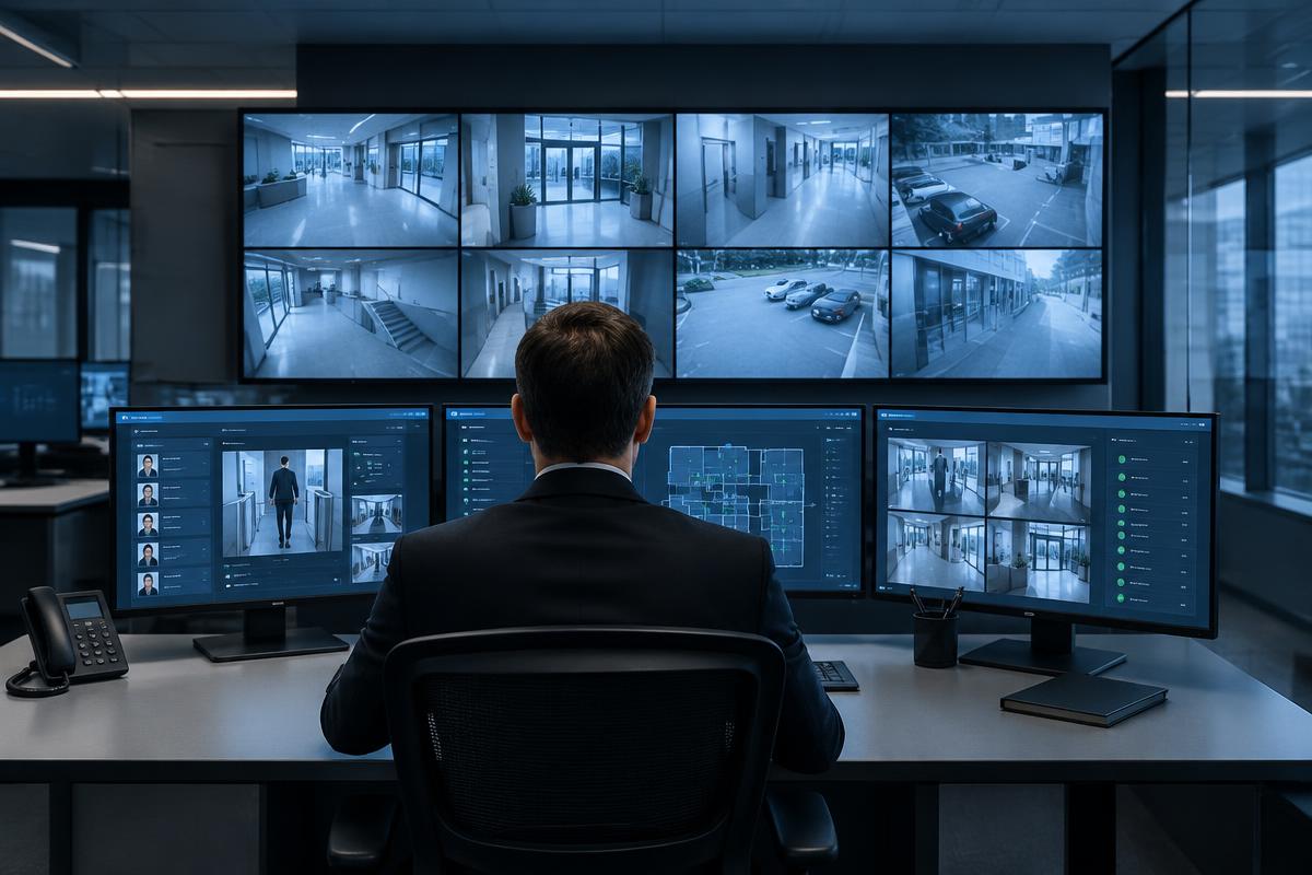 Professional operator overseeing building security monitors