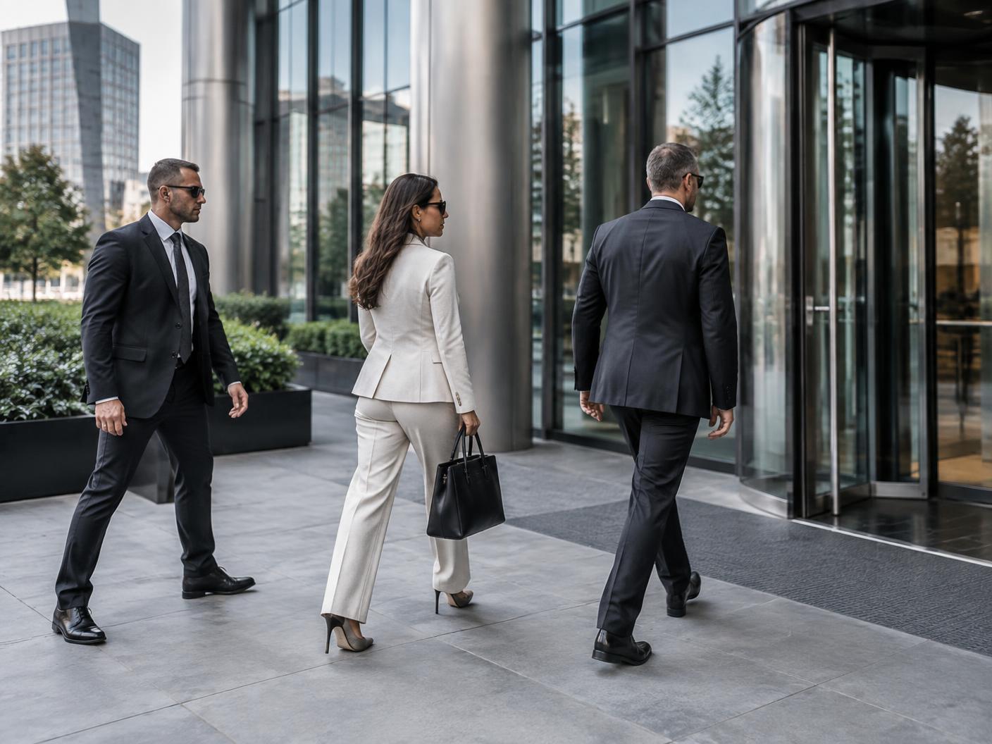 Illustrative executive protection team in business attire approaching an office entrance